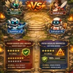 Infografis perbandingan 4 Tool AI Lokal Indonesia terbaik tahun 2026 versi XplorFi. Menampilkan NusaAI, NulisKata, Sumrize.ai, dan Sahabat-AI dengan tema antarmuka game MOBA.