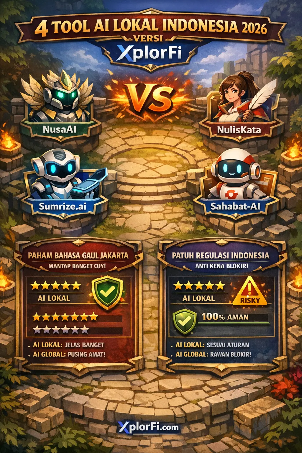 Infografis perbandingan 4 Tool AI Lokal Indonesia terbaik tahun 2026 versi XplorFi. Menampilkan NusaAI, NulisKata, Sumrize.ai, dan Sahabat-AI dengan tema antarmuka game MOBA.